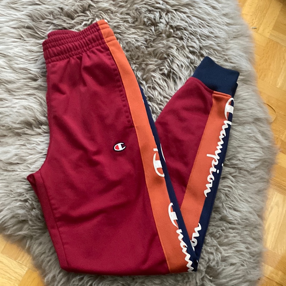 Champion Red Jogger pants track orange blue logo stripe - Picture 1 of 8